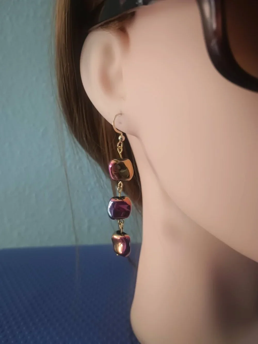 Pink and Gold Iridescent 3 Bead Dangle Earrings - Picture 5 of 6